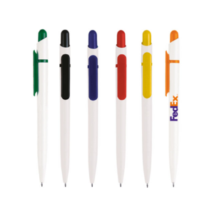 1110, Bolígrafo de plástico cuerpo blanco, tapón y clip de color. Mecanismo de click.