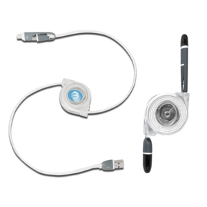 A2496, Cable retráctil para carga y transmisión de datos,  para dispositivos iPhone y Android. Presentación: caja en color blanco.