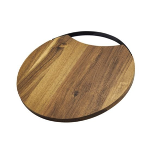 PWT 400, TABLA RISETA. Tabla redonda de madera acacia para picar, con asa de metal.