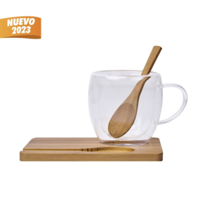 TAZ051, SET DE TAZA TISANA. Juego de taza. Incluye 1 taza doble pared de vidrio resistente a bebidas calientes y frías, base y cuchara de bambú. Caja individual incluida.