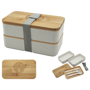 A2863, Box lunch doble de fibra de trigo con tapa de bambú que incluye: tapa divisora con 3 cubiertos ( cuchara, tenedor y cuchillo), y resorte de seguridad para fácil cierre.