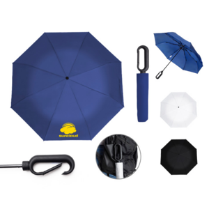 A2991, Paraguas de bolsillo de 8 gajos, con botón de sistema de apertura manual, eje de metal y varillas de fibra de vidrio, mango de plástico con gancho para colgar. Incluye funda individual.