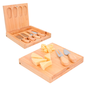 HO-068, Tabla de quesos con estuche de madera. Incluye 4 piezas: 1 mini cuchillo de pala, 1 mini tenedor, un cuchillo de avión estrecho y un cuchillo.
