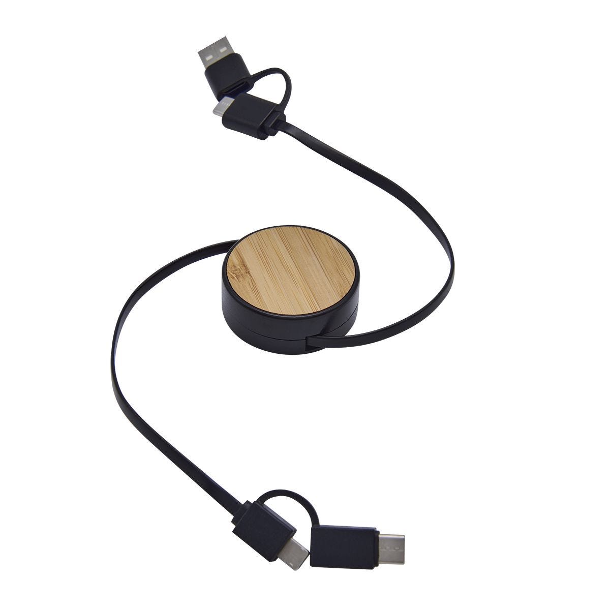 CEL058, CABLE BOLTA. Cable cargador 3 en 1. Incluye conector de entrada USB y tipo C, conector de salida 2 en 1 con micro USB y Lightning (8 pines) además de tipo C. Largo de cable 80 cm.
