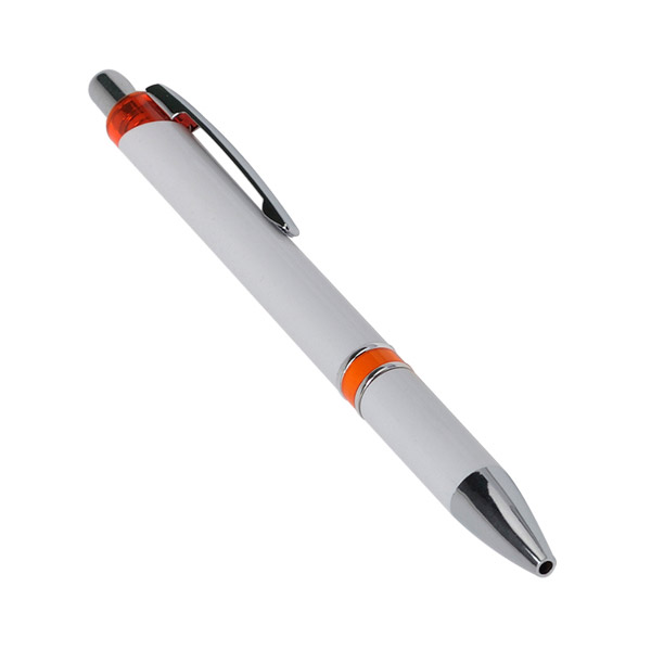 BL-018, Boligrafo con tinta negra, de plástico color blanco con accesorios de colores: naranja, morado, azul, verde y rojo