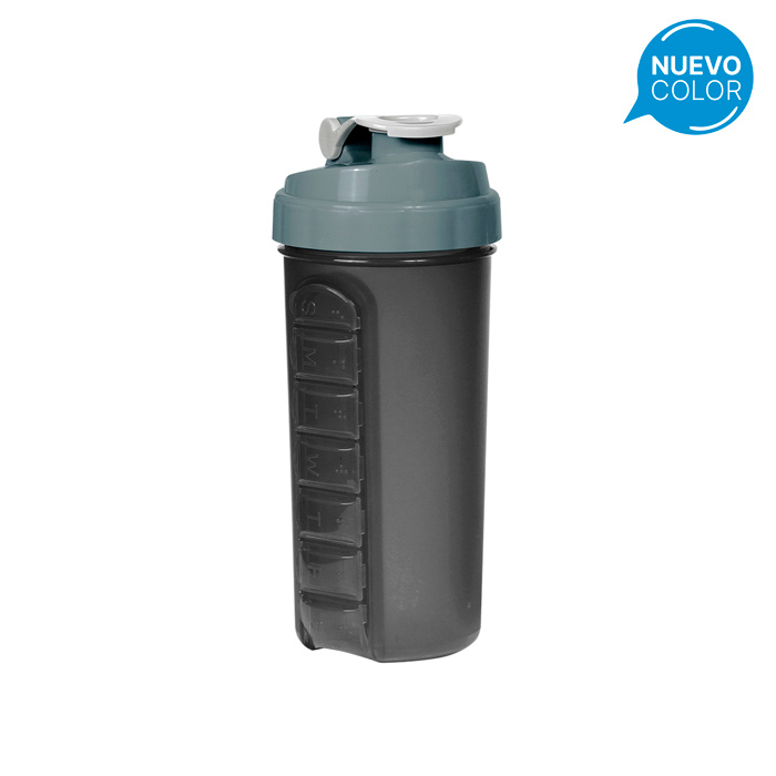 TE-074, Botella fabricada en plástico polipropileno con pastillero de 7 compartimientos, tapa de seguridad y medidor de contenido en onzas y mililitros. Capacidad 600 ml.