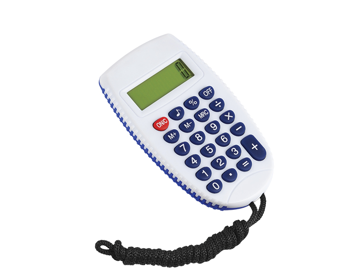 CC4261, Calculadora con botones de color y cordón negro para colgar. Batería incluida. Presentación: caja en color blanco.